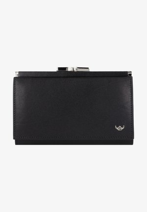 Portefeuille en cuir noir avec une texture lisse, matériel à fermoir en argent et coutures décoratives. Présente un petit logo dans le coin inférieur droit.