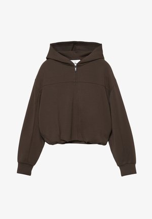 Bruine zip-up hoodie met een ontspannen pasvorm, geribde boorden en een verstelbare capuchon. Stevige stof met een iets cropped silhouet.