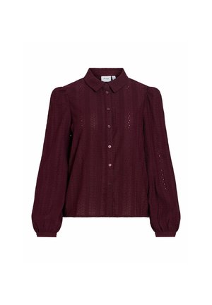 Blouse boutonnée violet foncé avec un motif subtil en dentelle, manches longues bouffantes et col classique.