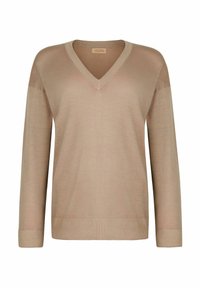 Ljusbeige v-ringad tröja gjord av ett mjukt tyg. Den har lång ärm, ribbade mudd och en något avslappnad passform.