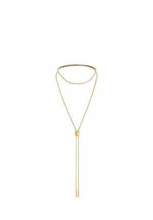 Collier lariat délicat en ton or avec un glisseur réglable et deux fines extrémités pendantes, présenté sur un fond blanc.