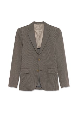 Blazer marron en chevrons avec revers crantés, deux poches avant et fermeture à deux boutons. Comprend une doublure en satin de couleur claire.