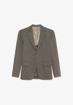Blazer marron en chevrons avec revers crantés, deux poches avant et fermeture à deux boutons. Comprend une doublure en satin de couleur claire.