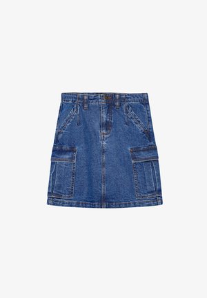 Fakó kék farmer mini szoknya, elöl két zsebbel, oldalán két cargo zsebbel és varrott díszítéssel a varratok és zsebek mentén.