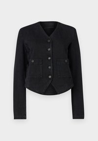 Veste en denim noir avec un col en V, des manches longues, six boutons sur le devant, deux poches poitrine et un ourlet court. Tissu texturé avec une finition lisse.