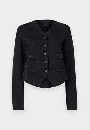Svart denimjakke med v-hals, lange ermer, seks frontknapper, to brystlommer og en kortere hem. Teksturert stoff med en glatt finish.