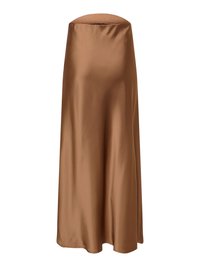 Longue jupe en satin marron avec une finition lisse et un léger évasement, présentée sur fond blanc.