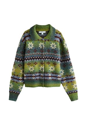 Strickjacke in mehrfarbigen Grüntönen, Blau und Braun. Verfügt über florale und geometrische Muster, Knopfverschluss an der Vorderseite und gerippte Bündchen.