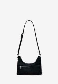 Black leather shoulder bag with curved design, featuring two zippered pockets and an adjustable strap. Smooth texture with silver hardware accents.