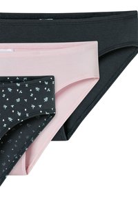 Three pairs of women's underwear: one solid black, one solid pink, and one black with a floral pattern. Made of soft fabric with elastic waistbands.
