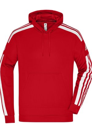 Sweat à capuche rouge Adidas avec des bandes blanches sur les manches, poche kangourou à l'avant, capuche avec cordon et logo Adidas sur la manche gauche.