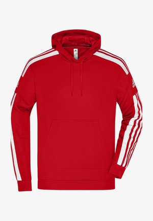 Roter Adidas Hoodie mit weißen Streifen an den Ärmeln, Kängurutasche vorne, Kordelzugkapuze und Adidas-Logo am linken Ärmel.