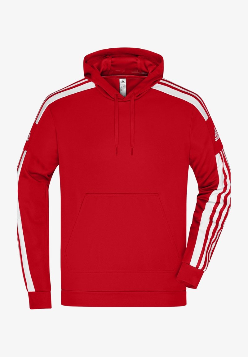 Sweat à capuche rouge Adidas avec des bandes blanches sur les manches, poche kangourou à l'avant, capuche avec cordon et logo Adidas sur la manche gauche.
