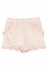Pantalones cortos de color rosa claro con un dobladillo con volantes y bolsillos, que cuentan con una tela suave y una cintura elástica para un ajuste cómodo.