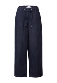 Námořnické modré kalhoty s širokými nohavicemi z lnu, s elastickým pasem a stahovací šňůrkou, určené pro každodenní nošení.