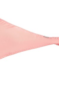 Lyserød bikinibund med glat, strækbart stof. Har scallopperede kanter og et lille metaltag på siden. Triangulært design.