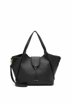 Borsa a mano in pelle nera con due manici, chiusura con patta frontale con nappina e tracolla staccabile, mostrata su sfondo bianco.