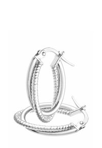 Sidabriniai auskarai žiedai su viniuota struktūra, poliruotu paviršiumi ir uždaromuoju sagtimi, pabrėžiantys apvalią formą ir lygų tekstūrą.