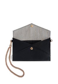 Black envelope-style clutch with a gold snap closure, featuring a striped interior and a detachable chain strap.