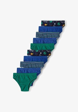 Chiloți asortați pentru băieți în nuanțe de verde și albastru. Prezintă modele, inclusiv dungi și motive spațiale. Material moale și talie elastică.