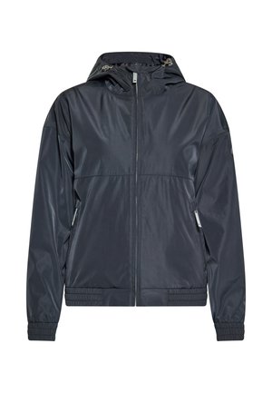 Sötétkék, könnyű dzseki sima anyagból, kapucnival, elülső cipzárral, rugalmas mandzsettákkal és oldalsó zsebekkel.