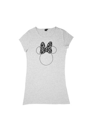T-shirt grigia in cotone con maniche corte, caratterizzata da un design di un papillon con stampa leopardo nera circondato da cerchi punteggiati sul davanti.