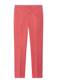 Roze katoenen broek met een rechte snit, voorzien van een knoopsluiting aan de voorkant, riemlussen en twee steekzakken aan de voorkant. Glad oppervlak, zonder patronen.