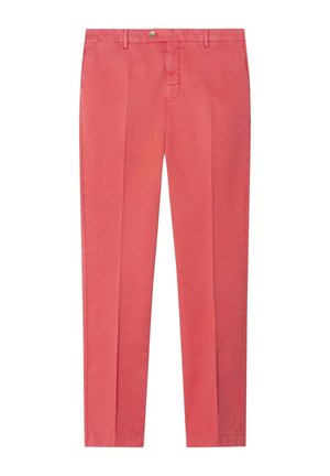 Rosa Baumwollhosen mit geradem Schnitt, ausgestattet mit einer vorderen Knopfleiste, Gürtelschlaufen und zwei Vorderentaschen. Glatte Textur, ohne Muster.