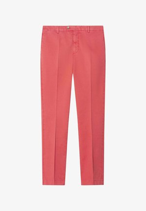 Pantaloni di cotone rosa con taglio dritto, dotati di chiusura frontale con bottoni, passanti per cintura e due tasche anteriori. Texture liscia, senza fantasie.