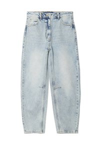 Lys blå denim jeans med løs pasform, der har forlommer, en knaplås og diskret falmning over hele stoffet.