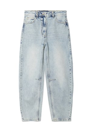 Jeans in denim azzurro chiaro con vestibilità ampia, dotati di tasche frontali, chiusura con bottone e leggere sfumature su tutta la stoffa.