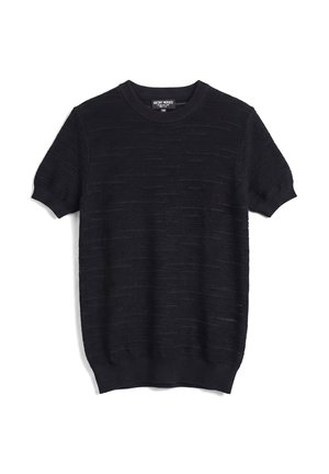 Zwarte korte mouwen gebreide trui met ronde hals en geribde boorden aan mouwen en zoom, plat op een witte achtergrond gelegd.