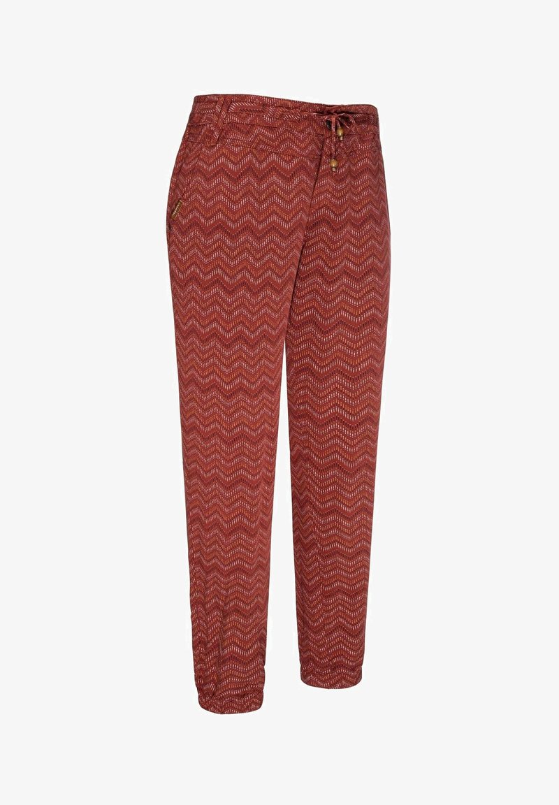 Red patterned pants featuring a zigzag design, made of lightweight fabric, with an elastic waistband and adjustable drawstring.