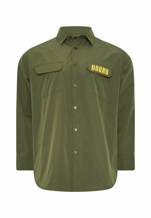 Long-sleeve olive green button-up shirt with two chest pockets, one flap reading "BDRNO" in yellow stencil-style text.