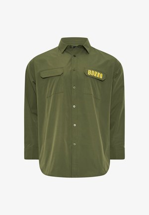 Long-sleeve olive green button-up shirt with two chest pockets, one flap reading "BDRNO" in yellow stencil-style text.