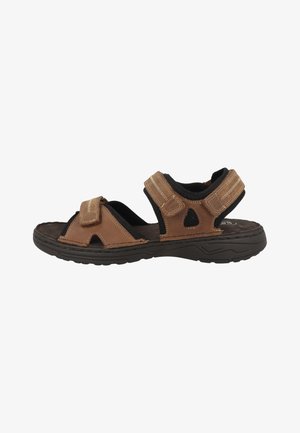 Sandale homme en cuir marron avec semelle noire rembourrée, brides Velcro réglables sur les orteils et autour de la cheville, design à bout ouvert.