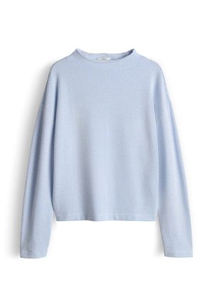 Lichtblauwe trui met lange mouwen, voorzien van een gestructureerd, patroonrijk gebreid ontwerp en een ronde halslijn. Eenvoudige silhouet met geribbelde boorden.