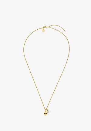 Collier délicat en chaîne d'or avec un petit pendentif en forme de cœur et un charm en pierre précieuse claire ronde unique.
