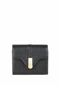 Black textured leather wallet with a flap closure, featuring a gold-tone clasp detail and a compact rectangular shape.