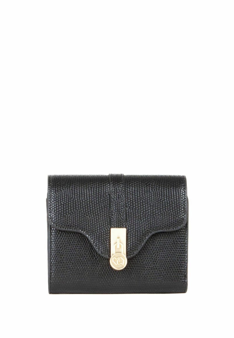 Black textured leather wallet with a flap closure, featuring a gold-tone clasp detail and a compact rectangular shape.