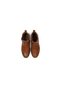 Bottines en cuir marron avec des panneaux latéraux élastiques, présentant une finition texturée et un petit talon, conçues pour un enfilage facile.