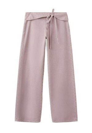 Pantalon ample couleur lilas avec une taille à revers et un cordon de serrage à l'avant, fabriqué dans un tissu doux.