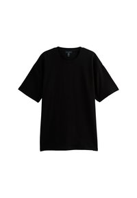 Czarny T-shirt z krótkim rękawem z prążkowanej tkaniny, z okrągłym dekoltem i luźnym krojem. Brak widocznego logo lub wzorów.