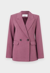 Zweireihiger Blazer in Mauve, aus strukturiertem Stoff gefertigt. Mit Reverskragen, zwei Vordertaschen und schwarzen Knöpfen.