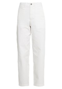 Vita högmidjade byxor i bomull med rak bendesign. Har knäppning med knapp och två sidofickor. Slät textur.