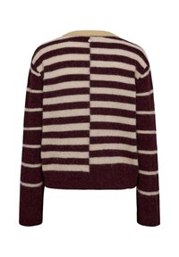 Pull en maille à manches longues avec des rayures horizontales crème et bordeaux foncé, avec un motif fendu dans le dos et un col rond.