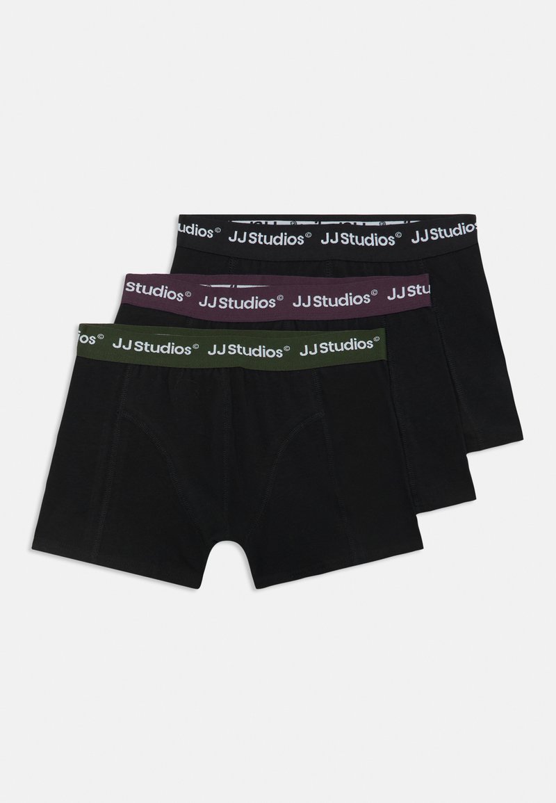 Tre par svarte boxershorts for menn med elastisk midje i svart, burgunder og grønt, med "JJ Studios" logo. Blandingsmateriale av bomull.