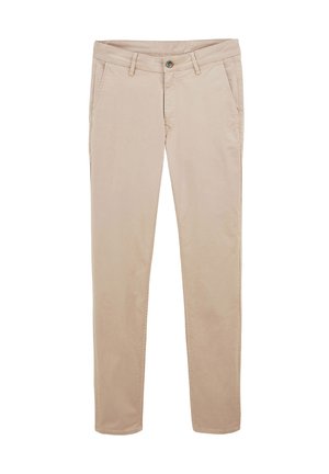Chinos beige avec une coupe droite, fabriqués en tissu coton. Caractéristiques incluent des passants de ceinture, deux poches latérales et une poche arrière simple.