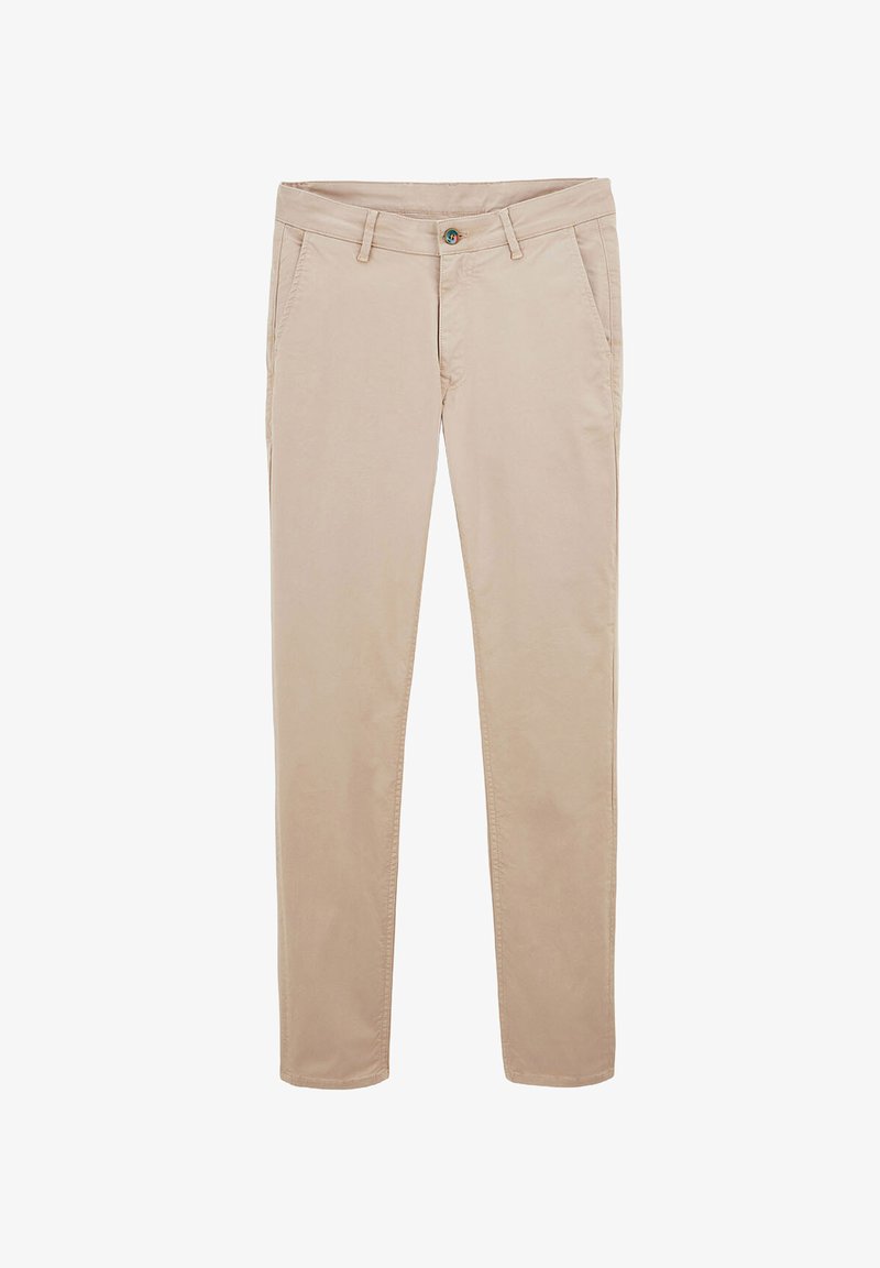 Chinos beige avec une coupe droite, fabriqués en tissu coton. Caractéristiques incluent des passants de ceinture, deux poches latérales et une poche arrière simple.
