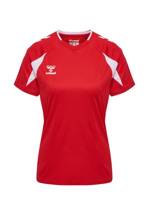 Maglia sportiva rossa a maniche corte con inserti bianchi sui lati e sulle spalle, colletto a V e logo hummel bianco sul petto sinistro.